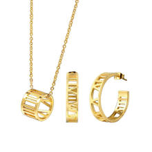 Roman number round shape trendy fashion gold plated necklace stainless steel jewelry sets women